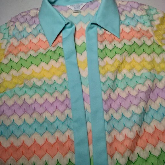 Vintage Sears Shirt Size 20 Open Front Zig Zag Pastel Semi Sheer Grannycore Top - Picture 13 of 16